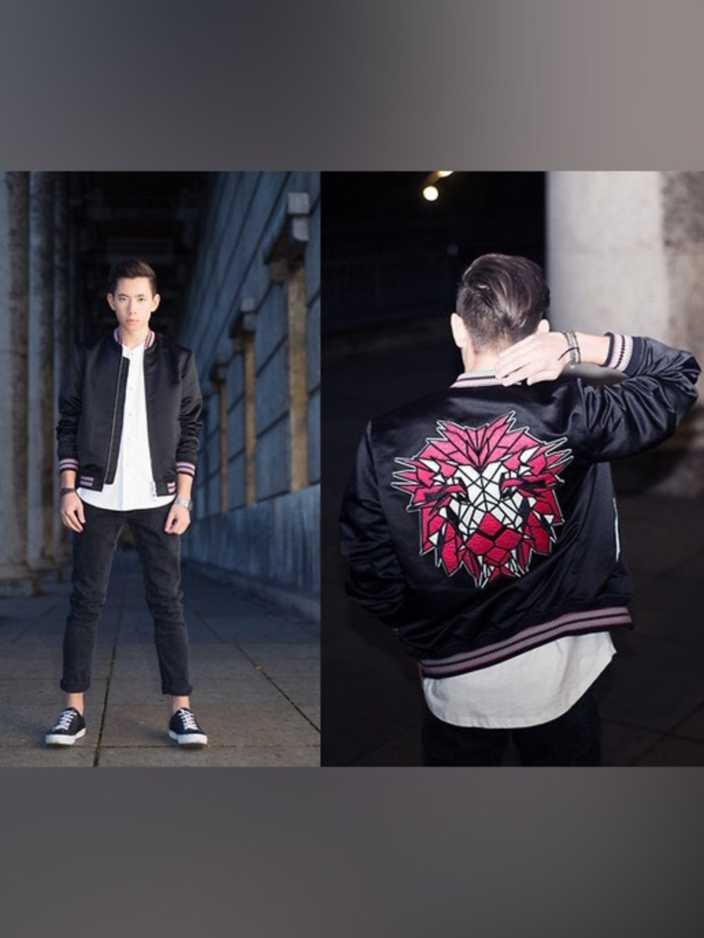 Just Cavalli Black Satin Bomber Jacket with Red Geometric Lion Back